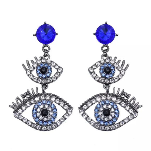 NEW Rhinestone Gunmetal Evil Eye Earrings - Picture 3 of 4